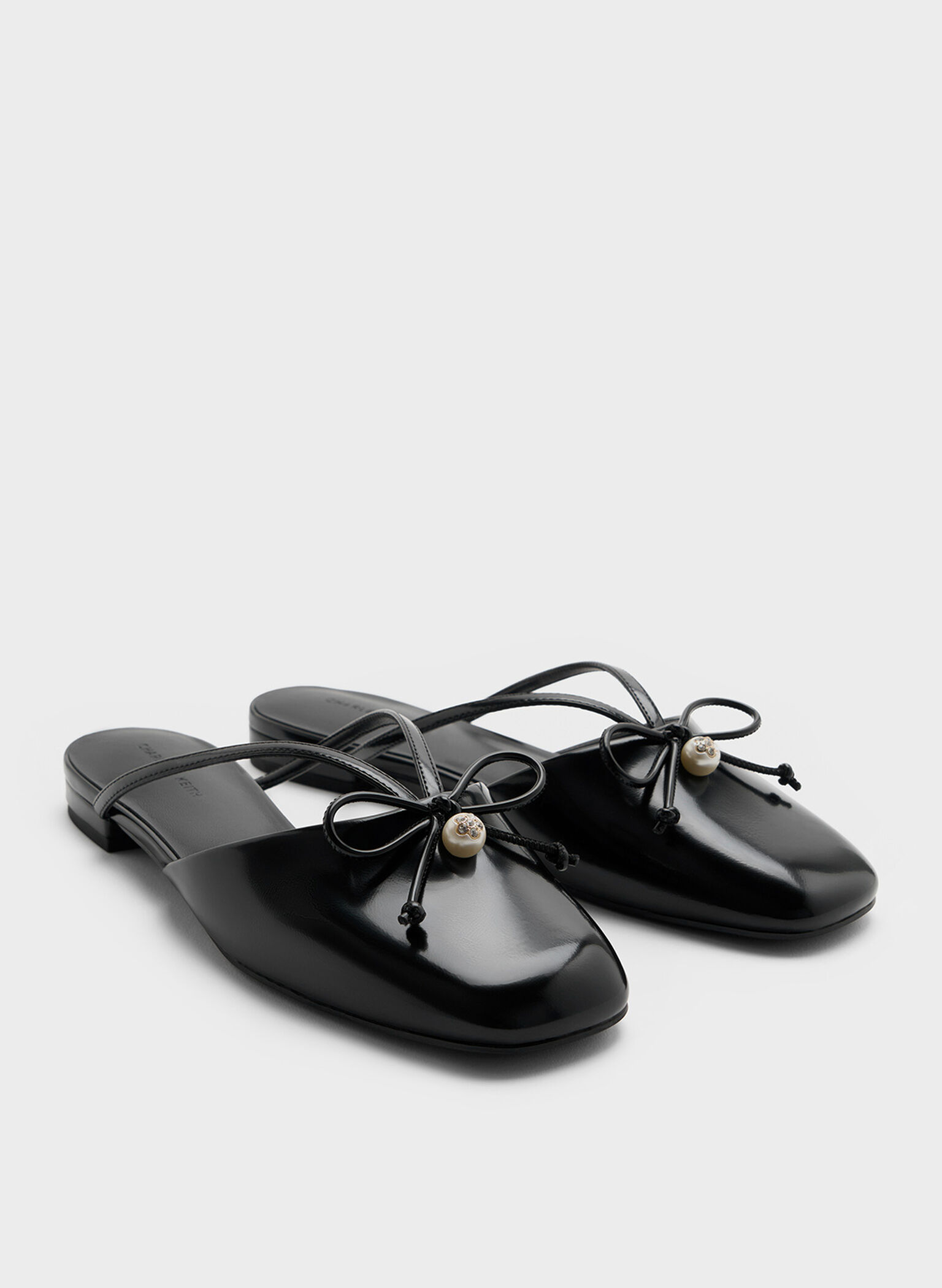 Pearl-Accent Bow Flat Mules, Black Box, hi-res