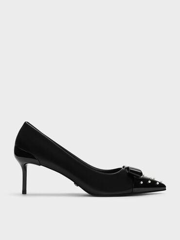 Leather Pearl-Embellished Pointed-Toe Heels, Black, hi-res