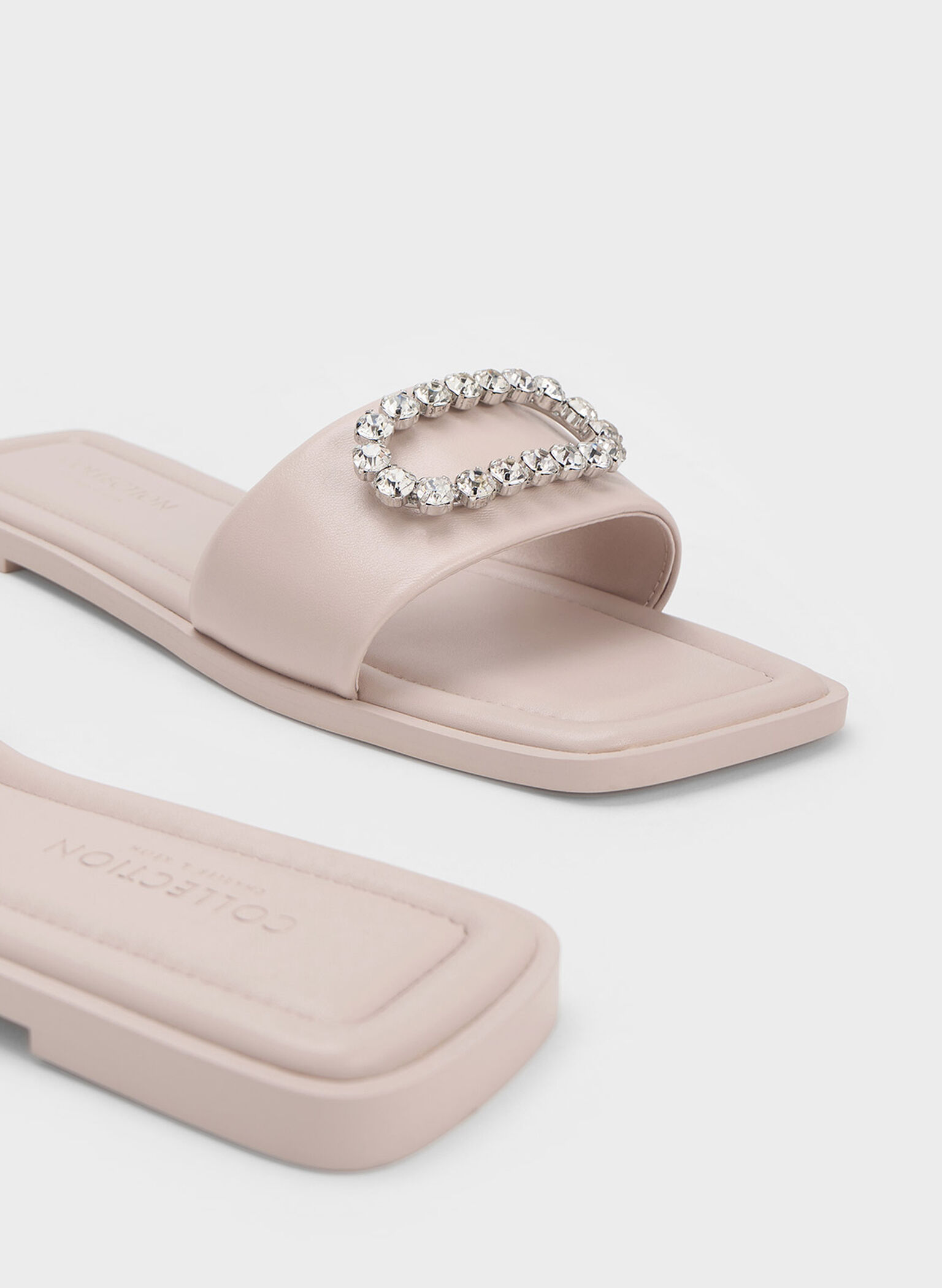 Gem-Embellished Leather Slides, Nude, hi-res