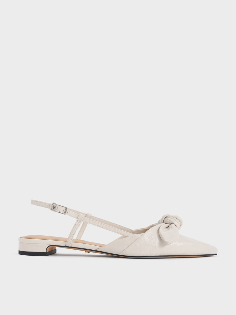 Jayce Leather Crinkle-Effect Knot-Bow Slingback Flats, White, hi-res