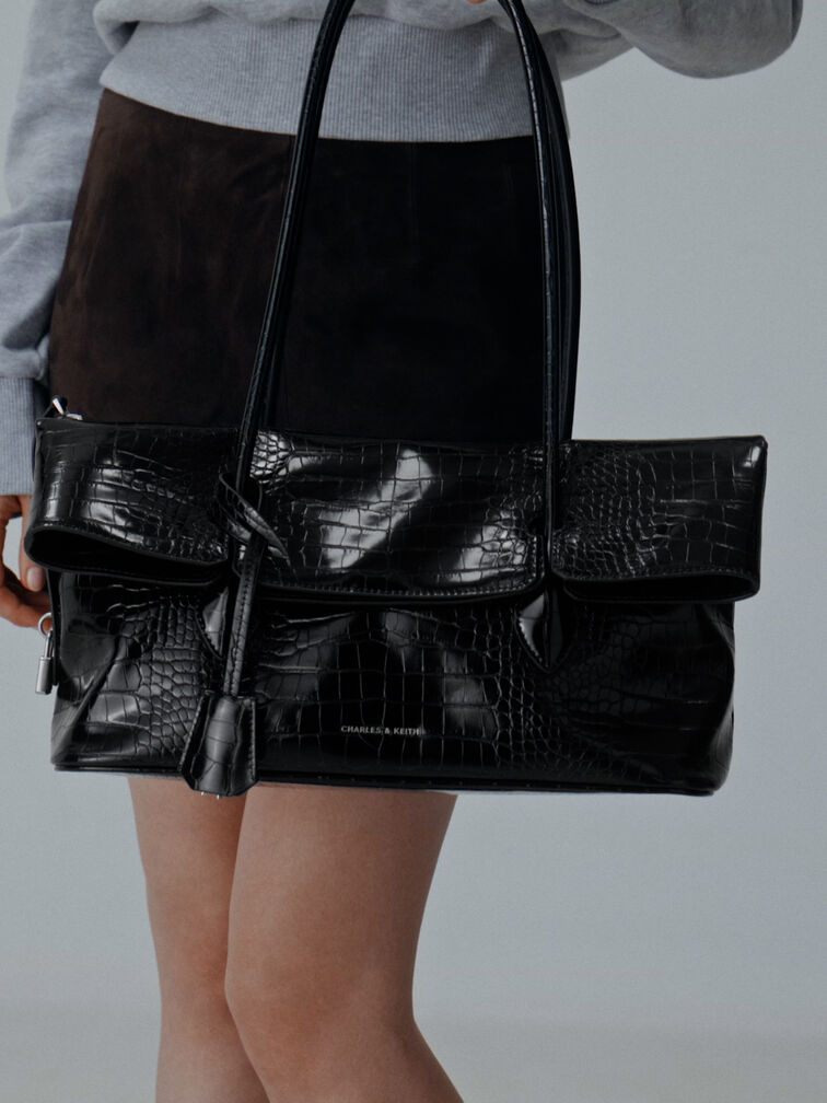 Aveline Croc-Effect Front-Flap Shoulder Bag, Black Croco, hi-res