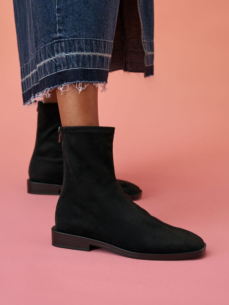 Square Toe Zip-Up Ankle Boots, Black Textured, hi-res