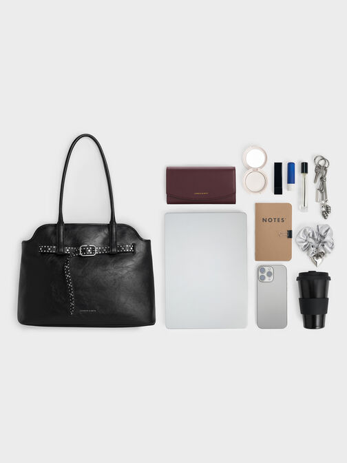 Victoria Studded Belted Trapeze Tote Bag, Noir, hi-res