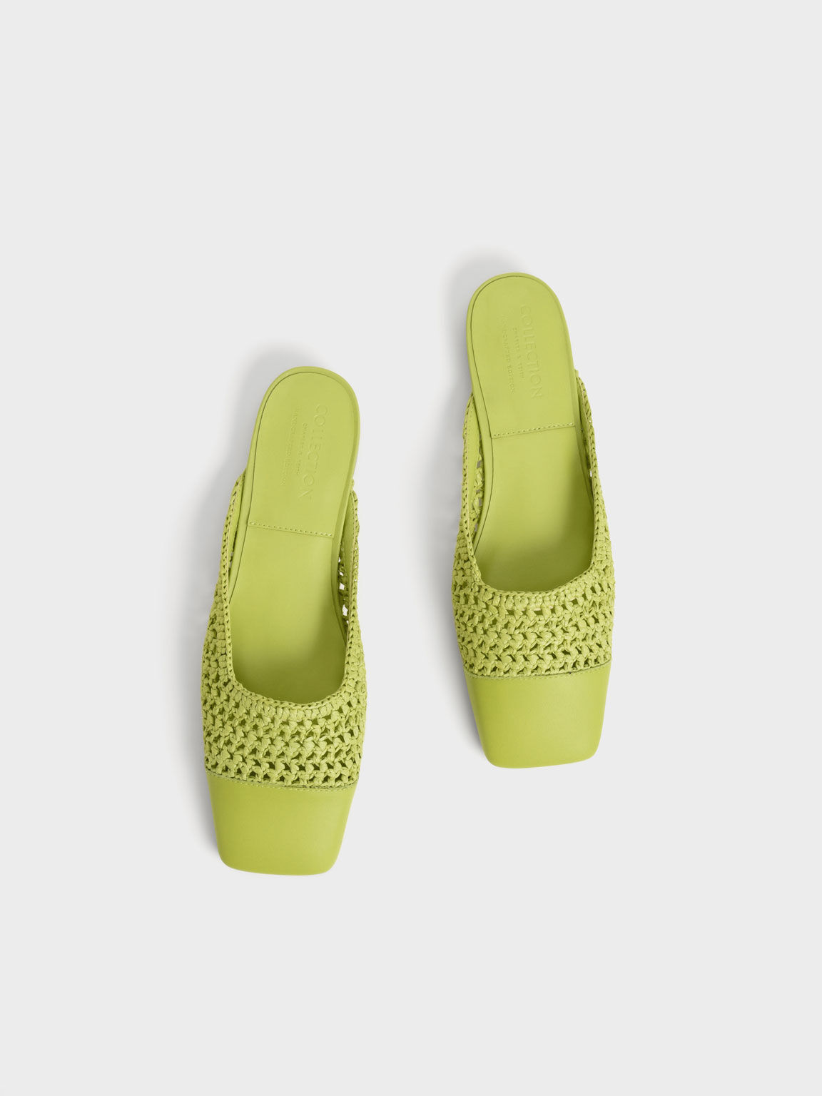 Leather & Raffia Flat Mules, Green, hi-res