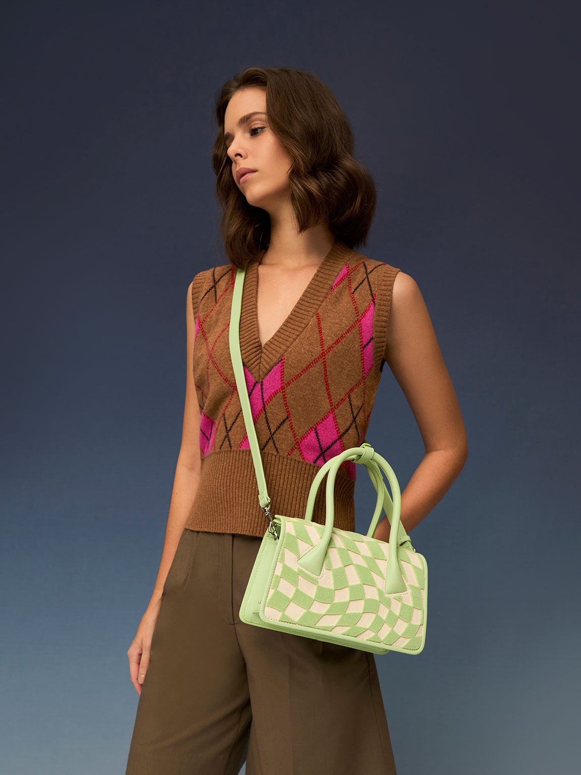Mint Green Daylla Checkered Canvas Bag - CHARLES & KEITH