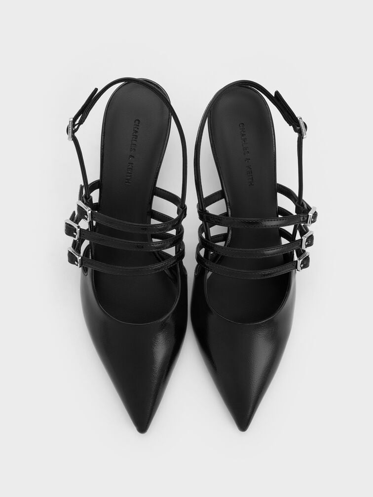 Patent Triple-Strap Pointed-Toe Kitten-Heel Slingback Pumps, Black Patent, hi-res