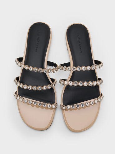 Sandalias con triple tira y adornos de cristal, Nude, hi-res
