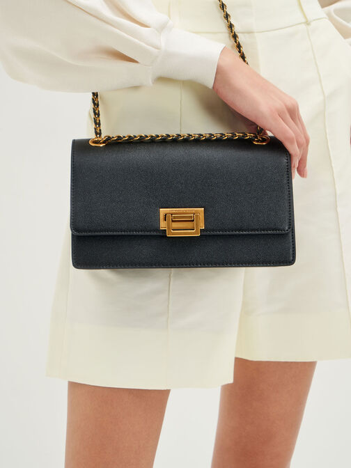 Chain Strap Evening Bag, Black, hi-res