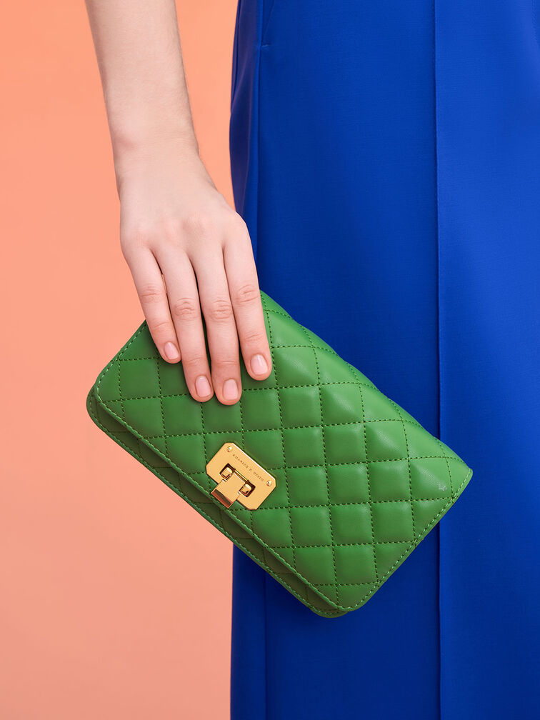 Quilted Push-Lock Clutch, Green, hi-res
