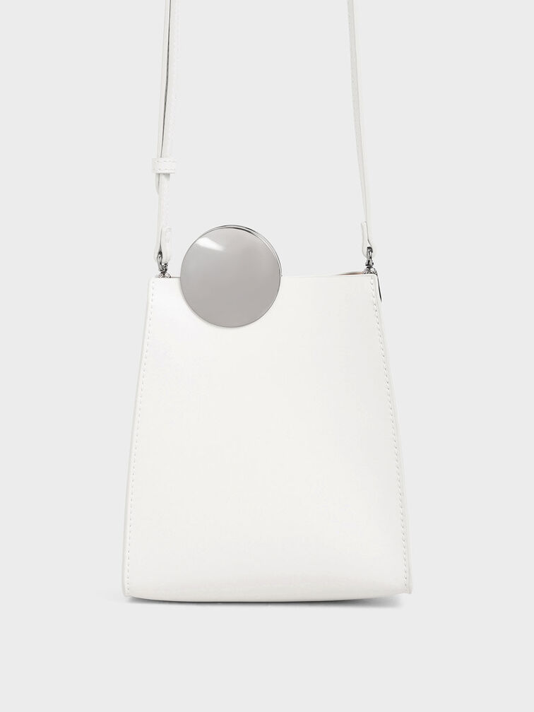 Chrome Detail Leather Crossbody Bag, White, hi-res