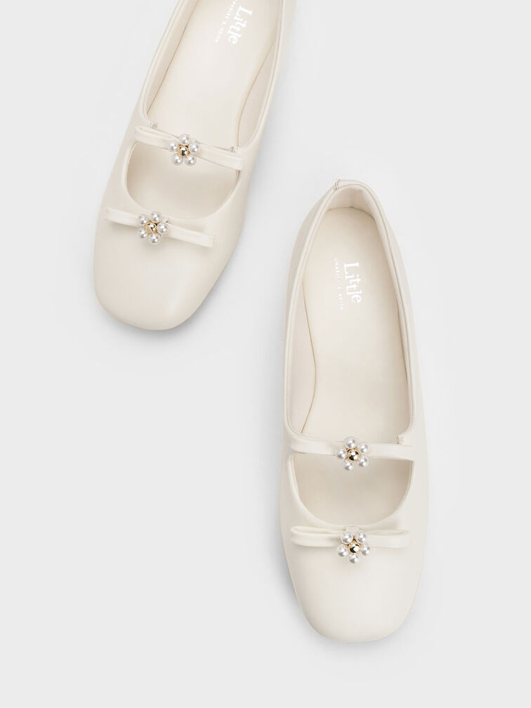 兒童珍珠小花平底鞋, 白色, hi-res