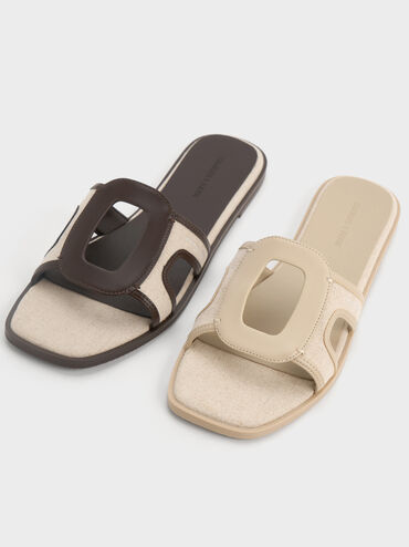 Easley Linen Cut-Out Slide Sandals, Taupe, hi-res