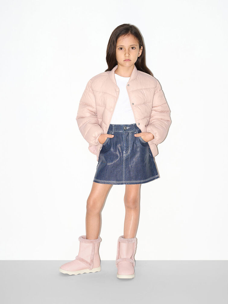 Girls' Fur-Trim Textured Ankle Boots, Blush, hi-res