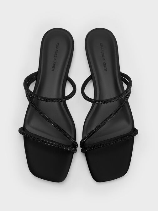 水晶帶平底拖鞋, 黑色特別款, hi-res