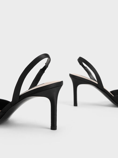 Twist Detail Satin Slingback Pumps, Black, hi-res
