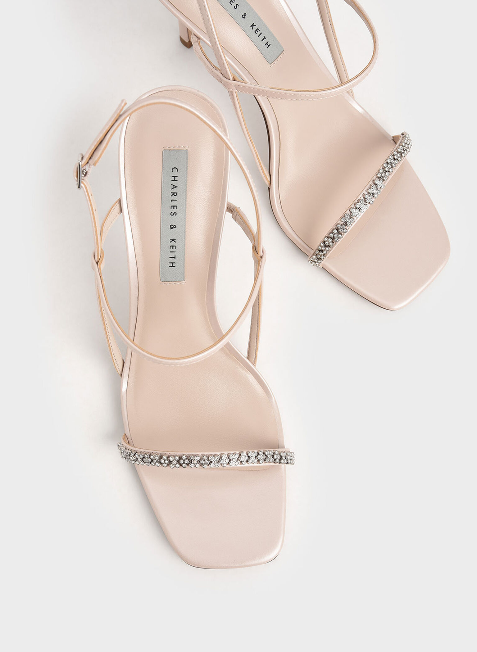 Gem-Embellished Strappy Sandals, Nude, hi-res
