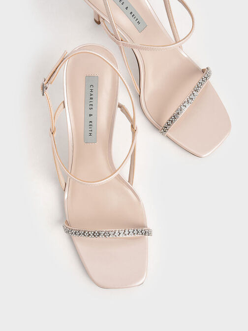 Gem-Embellished Strappy Sandals, Nude, hi-res