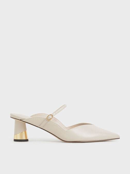 Mules con tacón escultural metalizado, Blanco tiza, hi-res