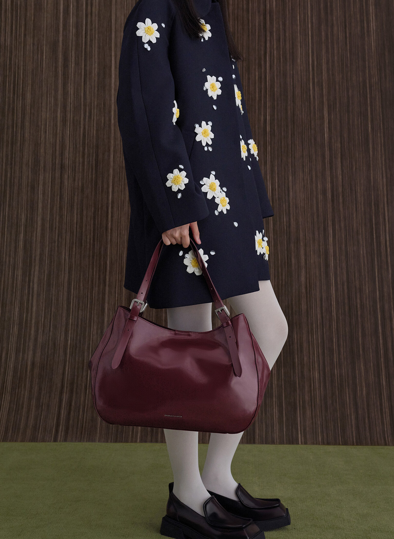 Buckle-Strap Slouchy Tote Bag, Burgundy, hi-res