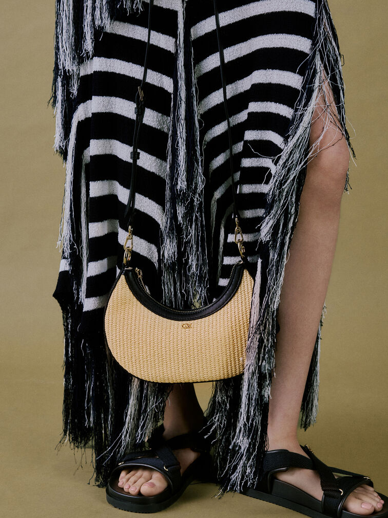 Bolso hobo de cuero y rafia en forma de media luna, Rafia neutral, hi-res