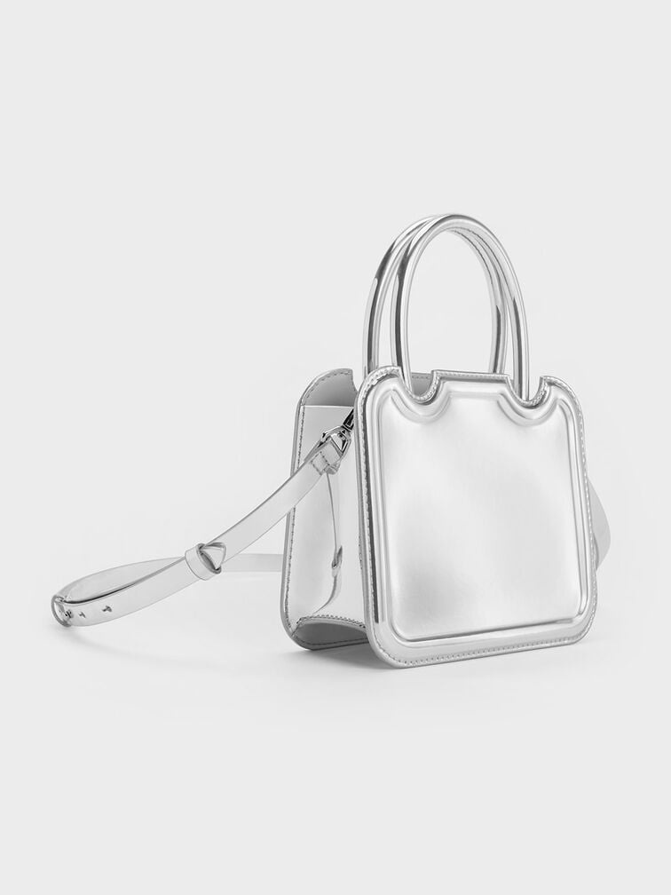 Perline Metallic Sculptural Top Handle Bag, Silver, hi-res