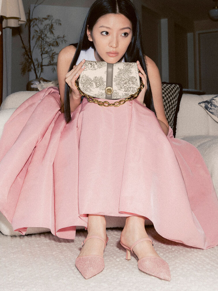 Lace & Mesh Embellished-Buckle Mules, Pink, hi-res