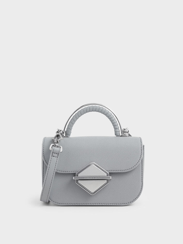 Metallic Accent Mini Top Handle Bag, Grey, hi-res