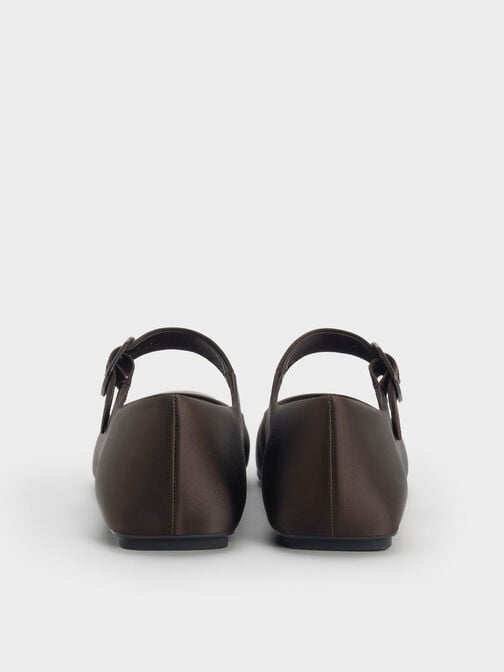 Satin Buckled Square-Toe Mary Jane Flats, Dark Brown Textured, hi-res
