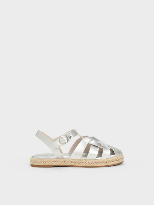 Girls' Interwoven Espadrille Sandals, Silver, hi-res