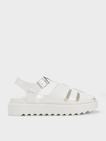 Buckled Caged Sandals, White, hi-res