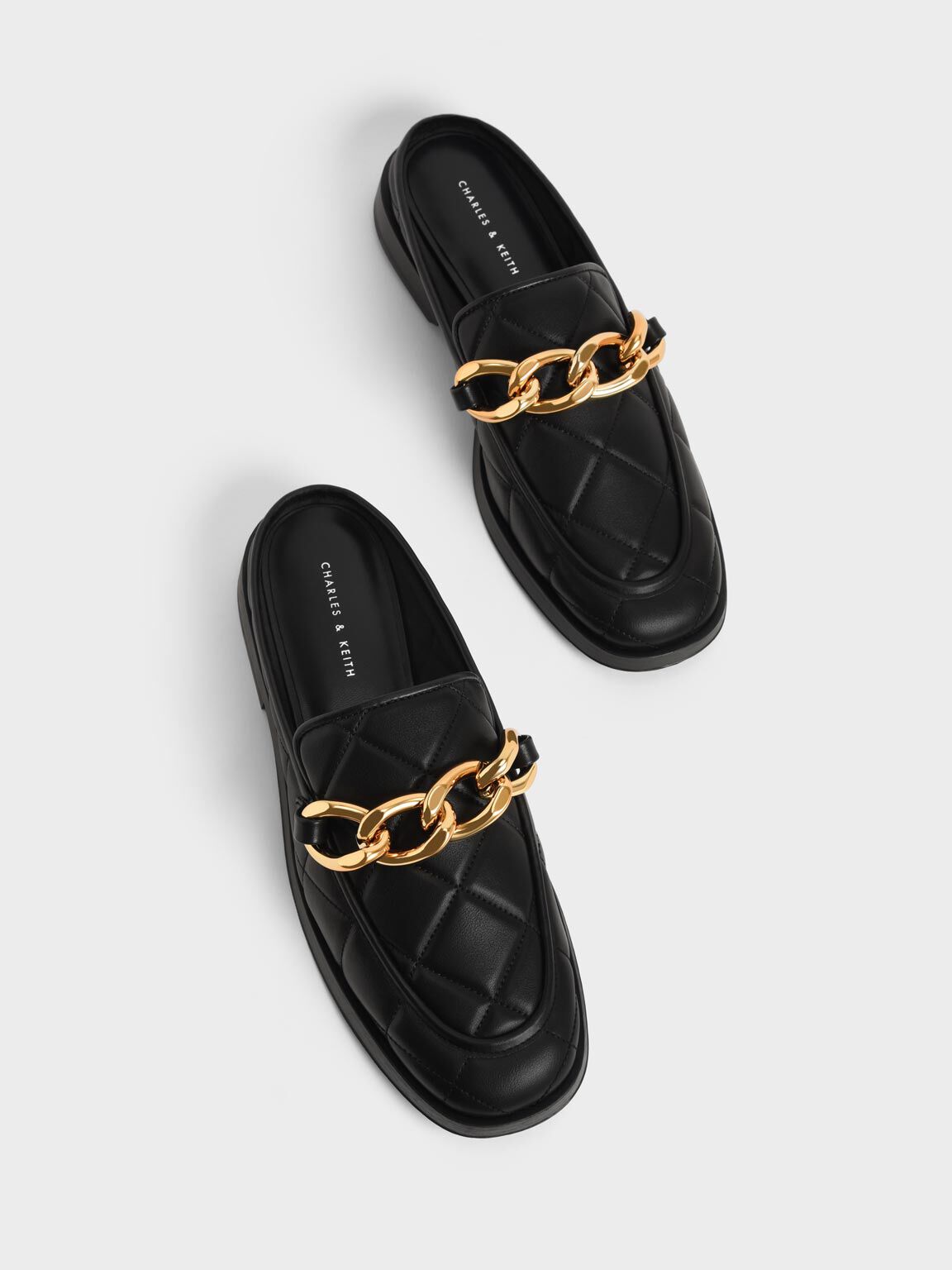 Quilted Chain Loafer Mules, Black, hi-res