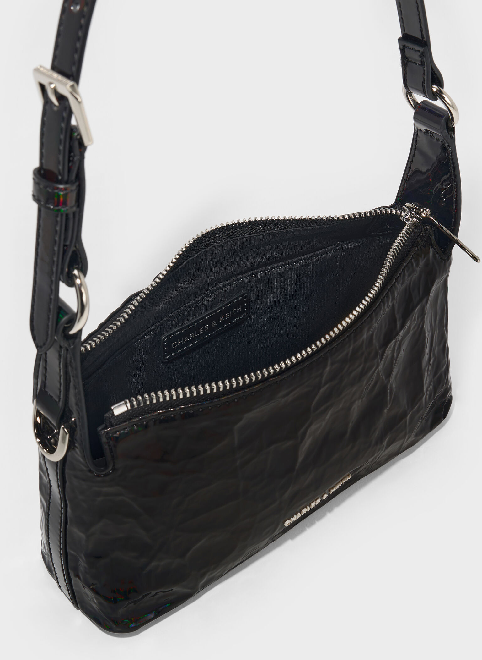 Lark Patent Crinkle-Effect Shoulder Bag, Prism Noir, hi-res