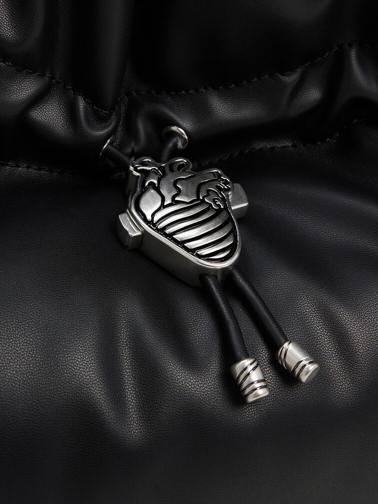 Illustrated Heart Charm Ruched Hobo Bag, Black, hi-res