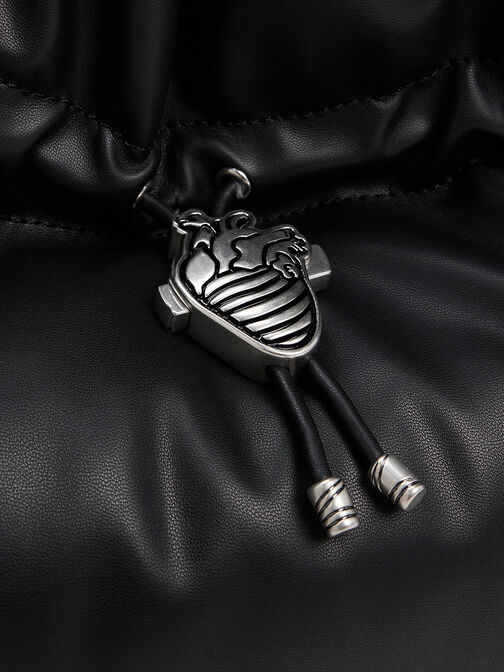Illustrated Heart Charm Ruched Hobo Bag, Black, hi-res
