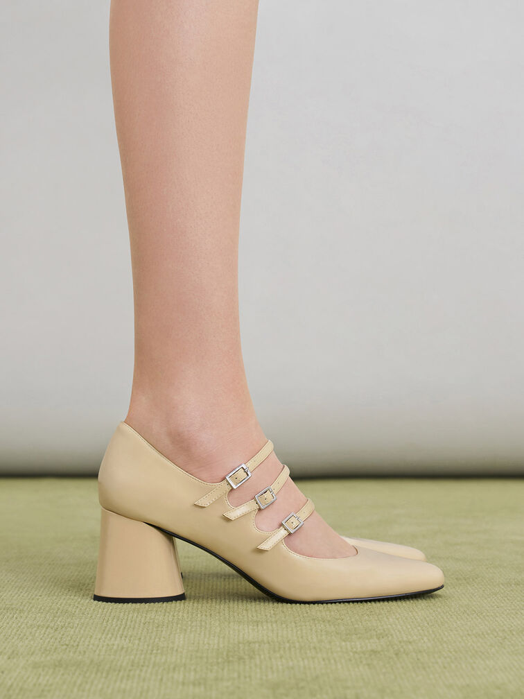 Mary Janes de Tacón Cilíndrico con Hebilla, Amarillo, hi-res