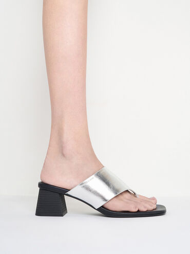 Metallic Square-Toe Heeled Thong Sandals, Silver, hi-res