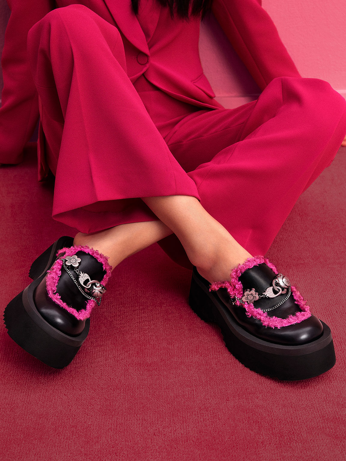 Lotso Fur-Trim Embellished Platform Mules, Black Satin, hi-res
