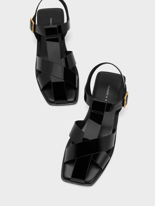 Patent Strappy Crossover Sandals, Black Patent, hi-res