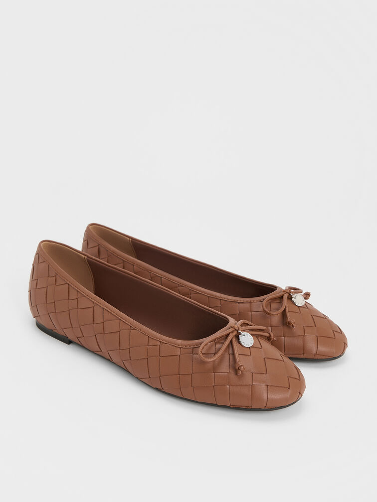 Ivette Woven Bow Ballet Flats, Brown, hi-res