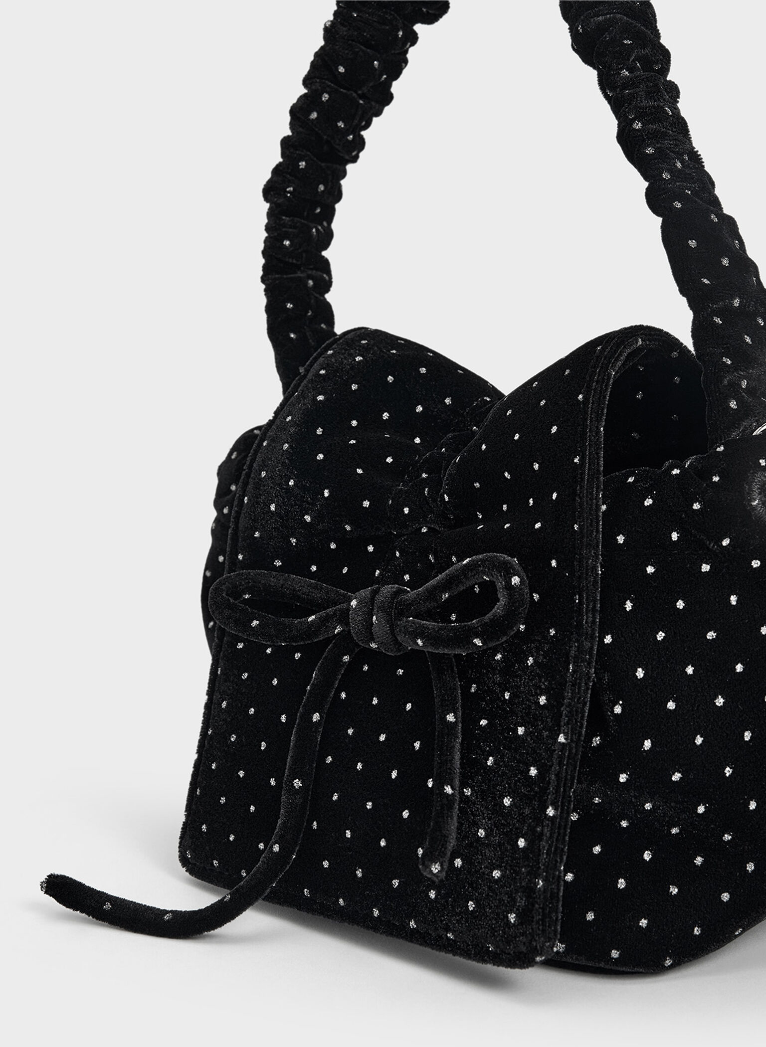 Velvet Dotted Bow Ruched Top Handle Bag, Black Textured, hi-res