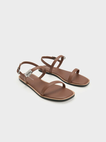 Double Metallic Buckle Sandals, Brown, hi-res