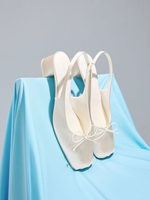 Satin Bow Square-Toe Slingback Pumps, Chalk, hi-res