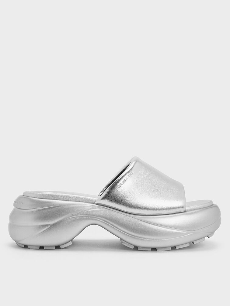 Silver Metallic Wide-Strap Curved Platform Sports Sandals - CHARLES ...