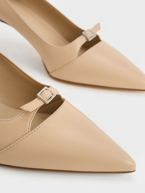 Buckle-Strap Pointed-Toe Pumps, Beige, hi-res