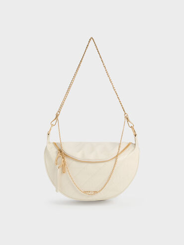Bolsa crossbody meia lua com efeito enrugado Philomena, Creme, hi-res