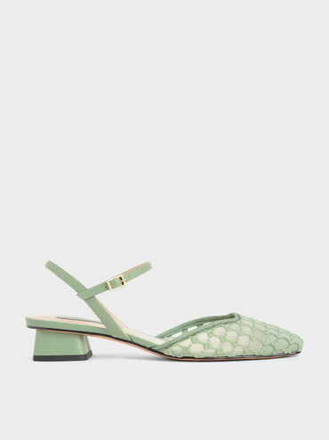 Lace Square Toe Pumps, Green, hi-res