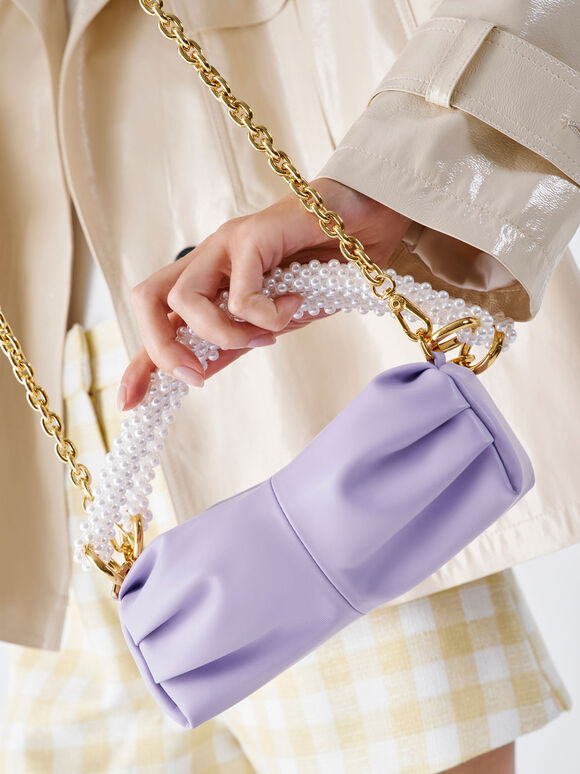Beaded Handle Ruched Shoulder Bag, Lilac, hi-res