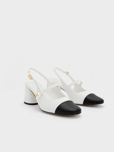 Pearl Embellished Slingback Pumps, White, hi-res