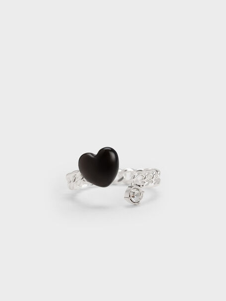 Heart Embellished Chain-Link Ring, Black, hi-res