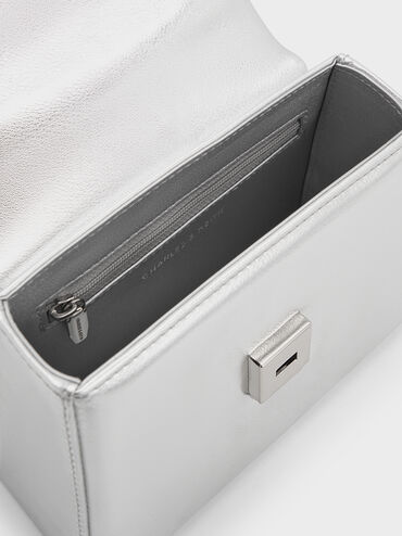 Metallic Crystal-Buckle Belted Top Handle Bag, Plateado, hi-res
